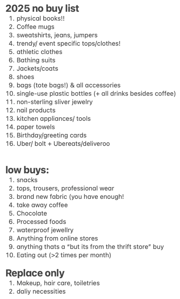 The image shows a "2025 no buy list" with items to avoid purchasing, including clothes, bottles, and accessories. It also lists low buys.